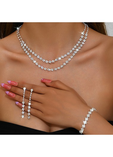 Modlily Rhinestone Silver Alloy Necklace and Bracelet Set - One Size