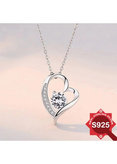 Modlily Rhinestone Silvery White Heart 925 Silver Necklace - One Size