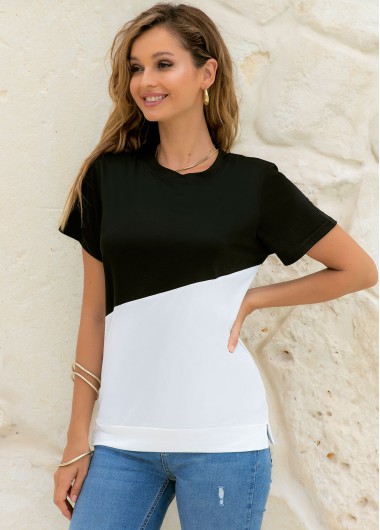 Modlily Round Neck Short Sleeve Contrast T Shirt - S