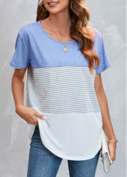 Modlily Round Neck Striped Light Blue T Shirt - S