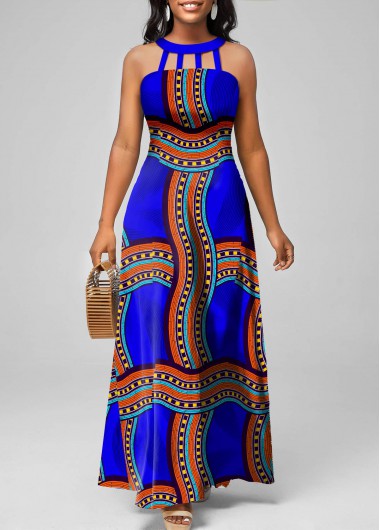 Modlily Royal Blue Cage Neck Tribal Print Maxi Dress - XXL