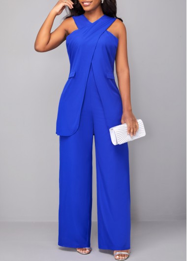 Modlily Royal Blue Criss Cross Sleeveless Jumpsuit - S