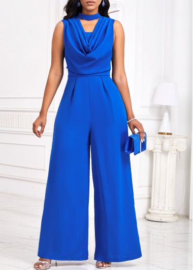 Modlily Royal Blue Cut Out Long Sleeveless Draped Neck Jumpsuit - M