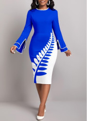 Modlily Royal Blue Patchwork Leaf Print Bodycon Dress - S