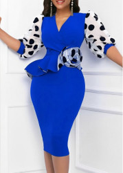 Modlily Royal Blue Ruffle Polka Dot Bodycon Dress - M