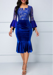 Modlily Royal Blue Velvet Three Quarter Length Sleeve Dress - M