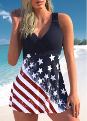 Modlily Ruched American Flag Print Multi Color Swimdress Set - L