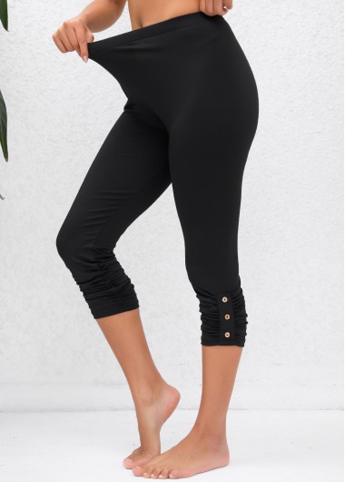 Modlily Ruched Black High Waisted Capri Elastic Waist Leggings - S