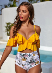 Modlily Ruffle Overlay Spaghetti Strap High Waist Bikini Set - 10