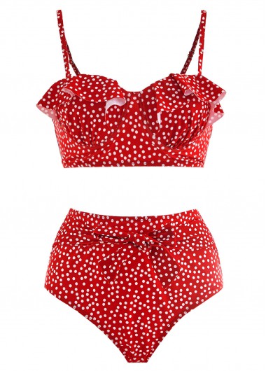 Modlily Ruffle Trim Bowknot Polka Dot Bikini Set - M