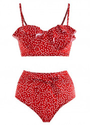 Modlily Ruffle Trim Bowknot Polka Dot Bikini Set - M