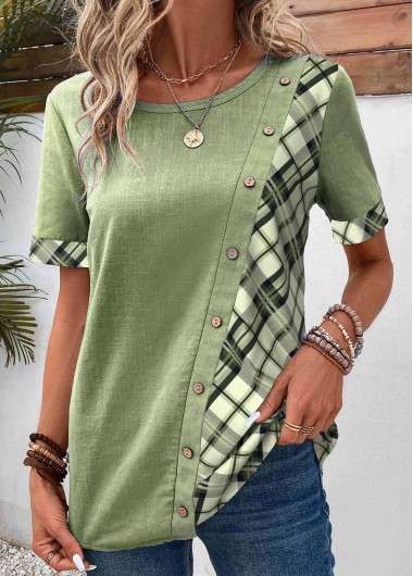 Modlily Sage Green Asymmetry Plaid Short Sleeve Blouse - L