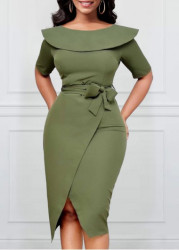 Modlily Sage Green Belted Short Sleeve Bodycon Dress - M