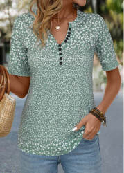 Modlily Sage Green Button Ditsy Floral Print T Shirt - S