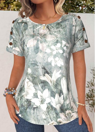 Modlily Sage Green Button Floral Print Short Sleeve T Shirt - S