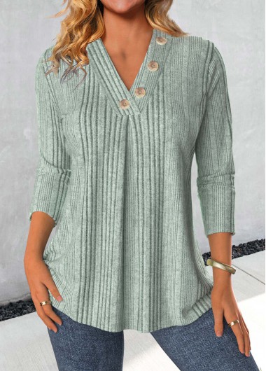 Modlily Sage Green Button Long Sleeve V Neck T Shirt - S