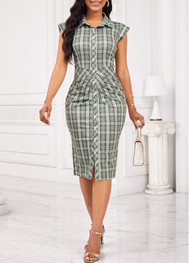 Modlily Sage Green Button Plaid Short Sleeve Bodycon Dress - XXL