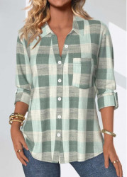 Modlily Sage Green Button Plaid Three Quarter Length Sleeve Blouse - S