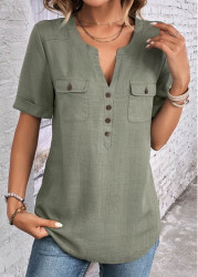 Modlily Sage Green Button Short Sleeve Split Neck Blouse - S