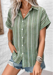 Modlily Sage Green Button Striped Short Sleeve Blouse - M