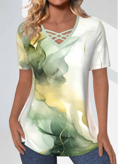 Modlily Sage Green Criss Cross Marble Print T Shirt - S