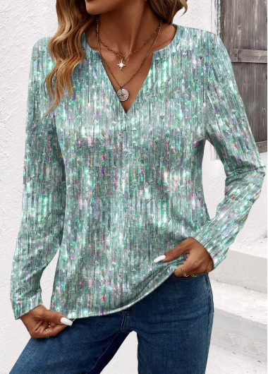 Modlily Sage Green Dazzle Colorful Print Long Sleeve T Shirt - S