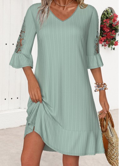 Modlily Sage Green Embroidery A Line Half Sleeve Dress - M