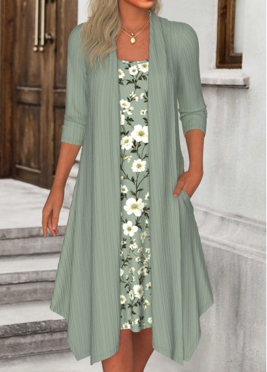 Modlily Sage Green Fake 2in1 Floral Print A Line Dress - S