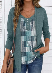 Modlily Sage Green Fake 2in1 Geometric Print T Shirt - S