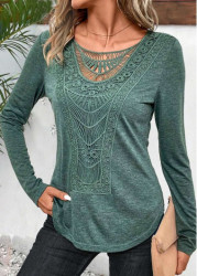 Modlily Sage Green Lace Long Sleeve Round Neck T Shirt - M