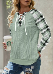 Modlily Sage Green Lace Up Plaid Long Sleeve Sweatshirt - S