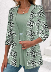 Modlily Sage Green Leopard 3/4 Sleeve Fake Two Piece Twinset - 2X