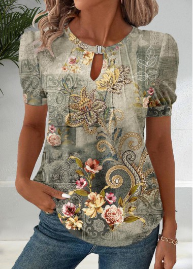 Modlily Sage Green Patchwork Floral Print Short Sleeve T Shirt - S