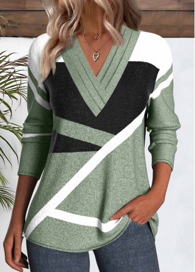 Modlily Sage Green Patchwork Geometric Print Long Sleeve T Shirt - S