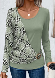 Modlily Sage Green Patchwork Leopard Long Sleeve T Shirt - S