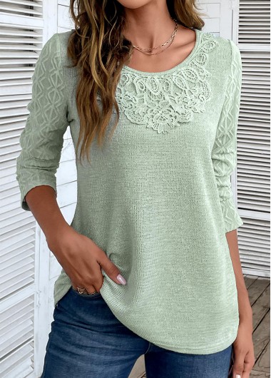 Modlily Sage Green Patchwork Long Sleeve Round Neck T Shirt - S