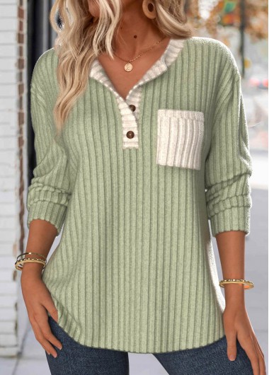 Modlily Sage Green Patchwork Long Sleeve Split Neck Sweatshirt - M