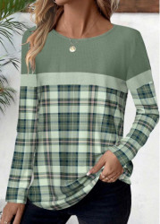 Modlily Sage Green Patchwork Plaid Long Sleeve T Shirt - M