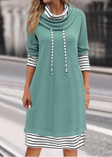 Modlily Sage Green Patchwork Striped Long Sleeve Shift Dress - S