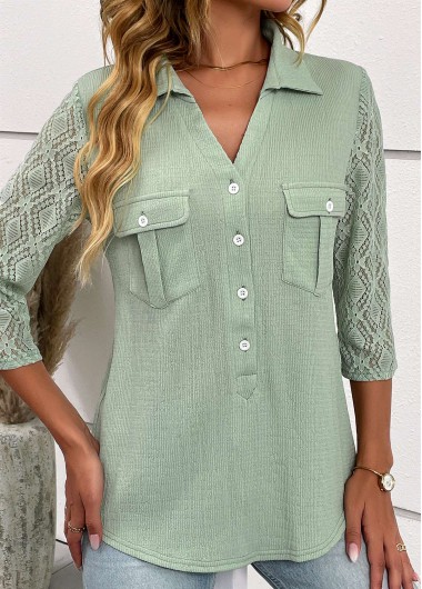 Modlily Sage Green Patchwork Three Quarter Length Sleeve Blouse - S