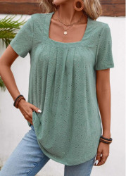 Modlily Sage Green Pleated Short Sleeve Square Neck T Shirt - M