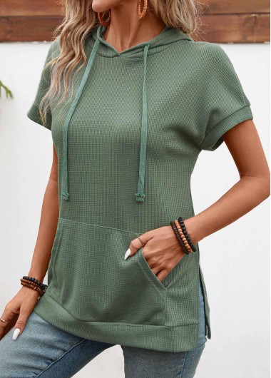 Modlily Sage Green Pocket Short Sleeve Hooded T Shirt - S