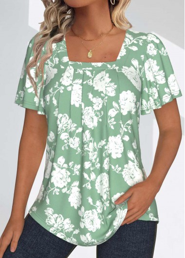 Modlily Sage Green Tuck Stitch Floral Print T Shirt - S