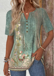 Modlily Sage Green Tuck Stitch Random Floral Print T Shirt - S