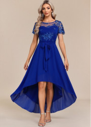 Modlily Sapphire Blue Belted Lace Short Sheer Sleeve Wedding Guest Dress Maxi Dress - S