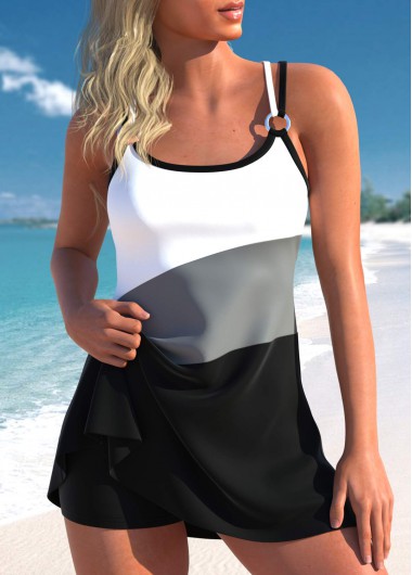 Modlily Scoop Neck Circular Ring Black Swimdress Set - M