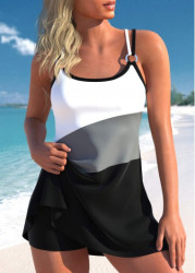 Modlily Scoop Neck Circular Ring Black Swimdress Set - M