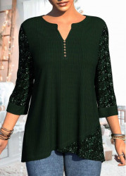 Modlily Sequin Asymmetric Hem 3/4 Sleeve Dark Green T Shirt - S