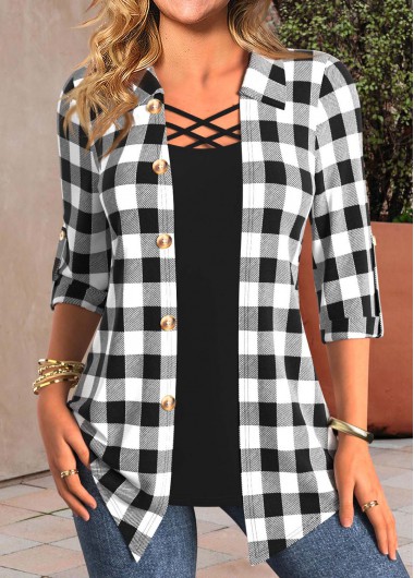 Modlily Shirt Collar Black Fake 2in1 Plaid Blouse - S