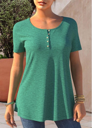 Modlily Short Sleeve Turquoise Button Detail T Shirt - S